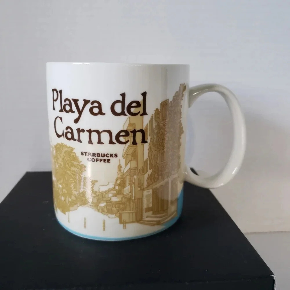 Starbucks Playa Del Carmen 16oz White/Teal/Gold Chunky Coffee Mug.